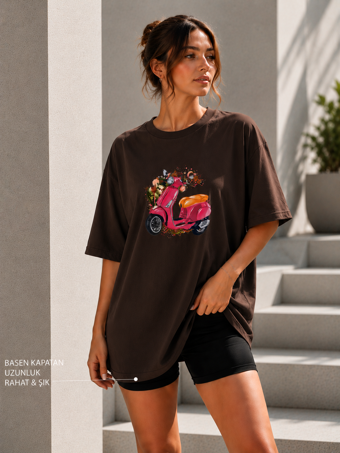 Oversize Baskılı T-Shirt Kadın Vespa Motor