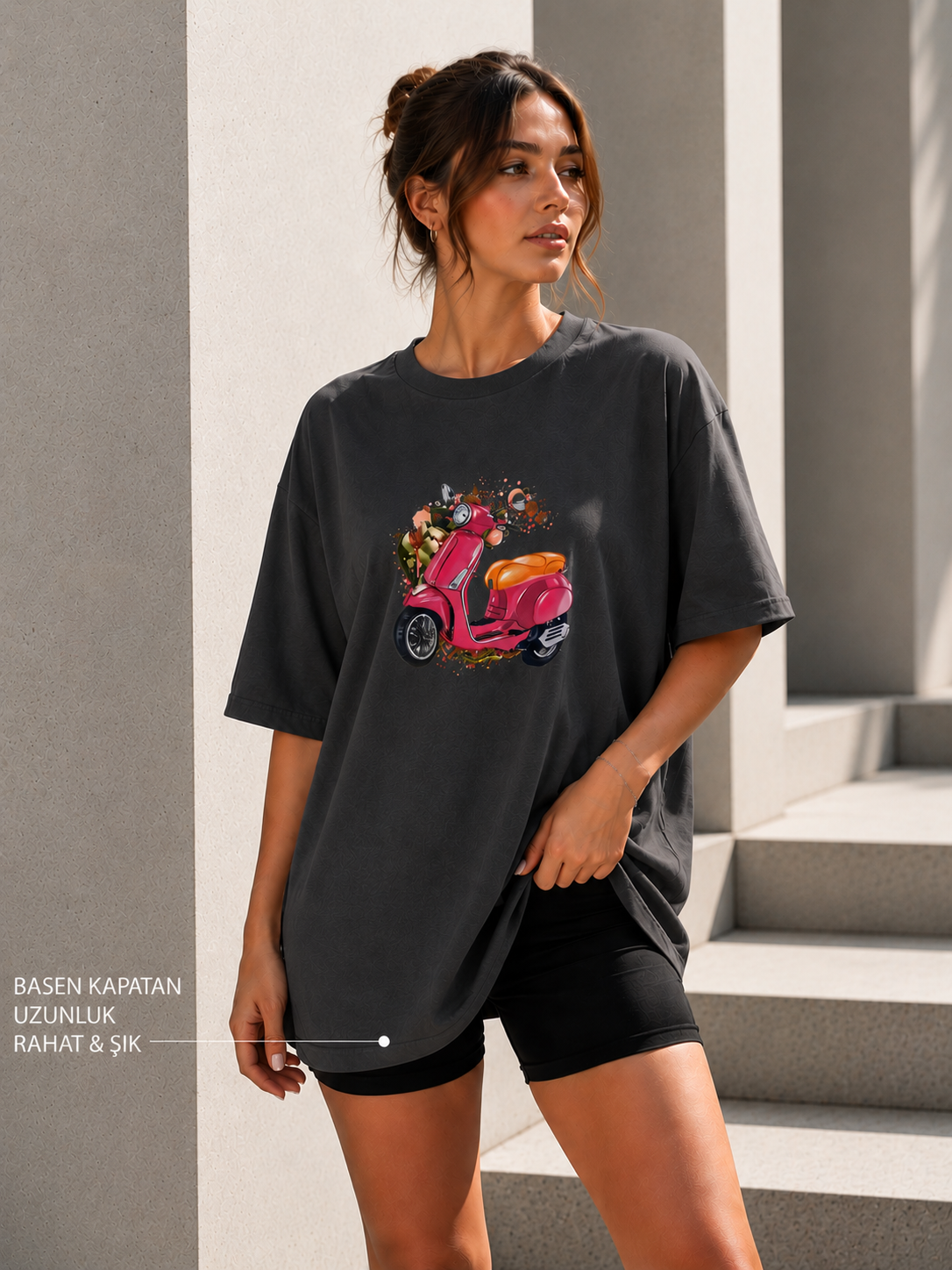 Oversize Baskılı T-Shirt Kadın Vespa Motor