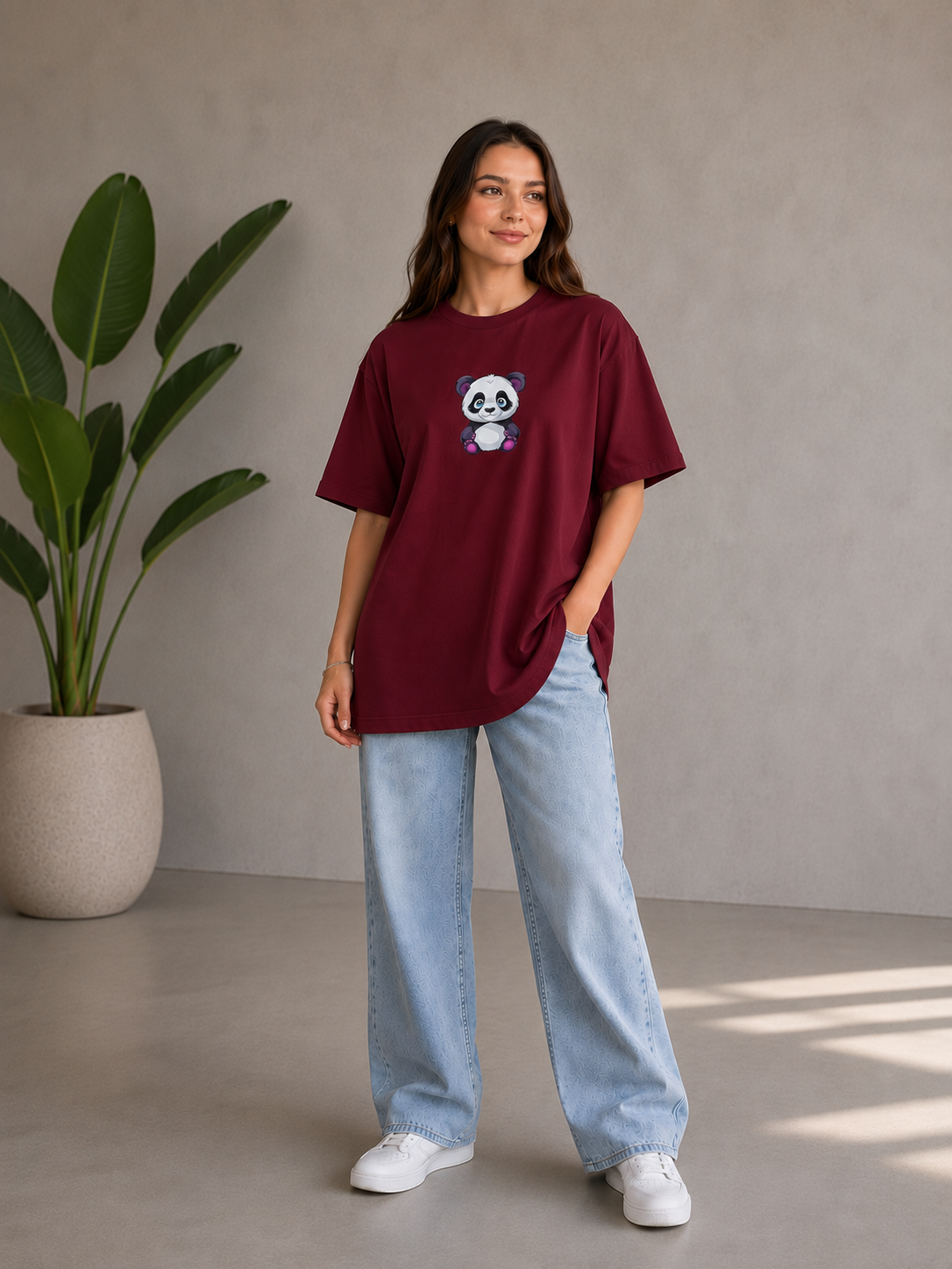 Oversize Baskılı T-Shirt Kadın Panda