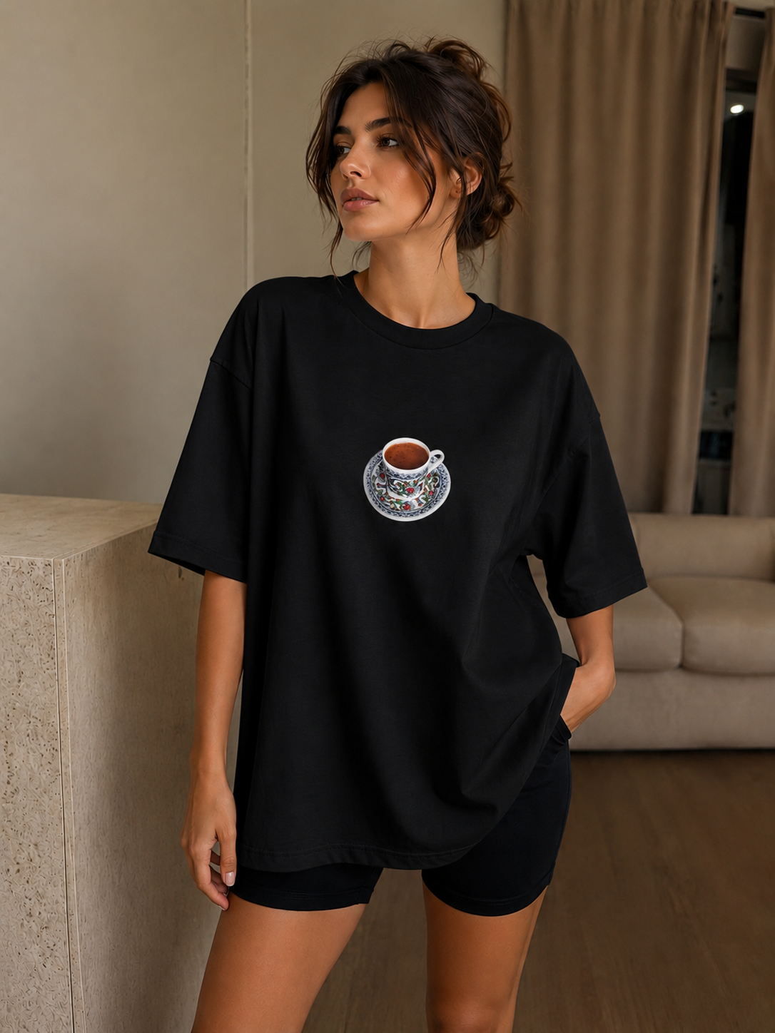Oversize Baskılı T-Shirt Kadın Türk Kahvesi