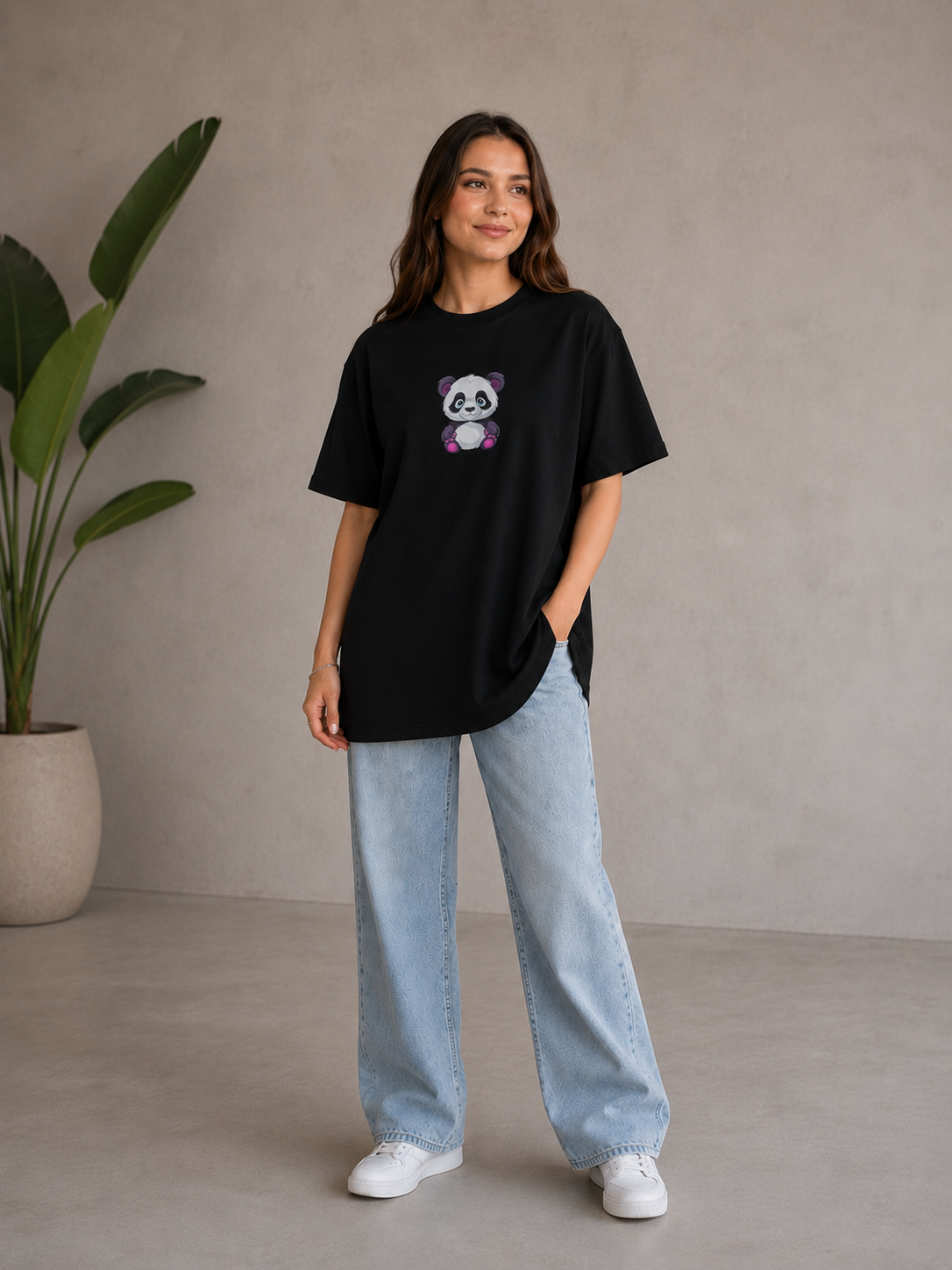 Oversize Baskılı T-Shirt Kadın Panda