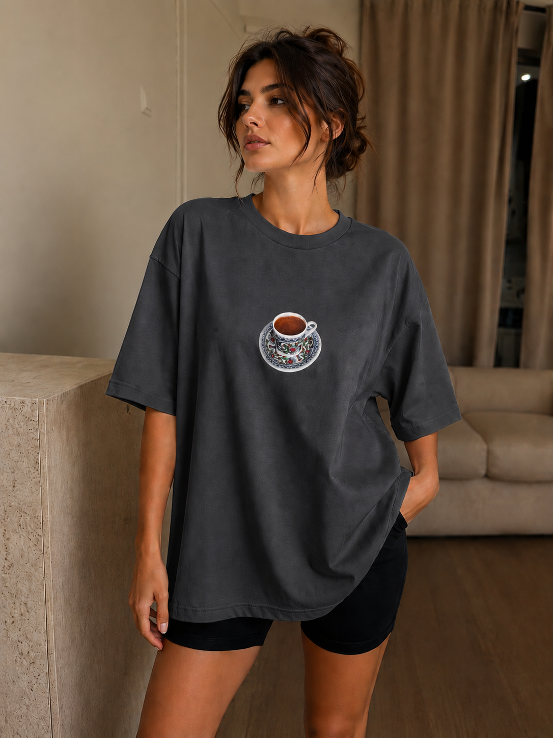 Oversize Baskılı T-Shirt Kadın Türk Kahvesi