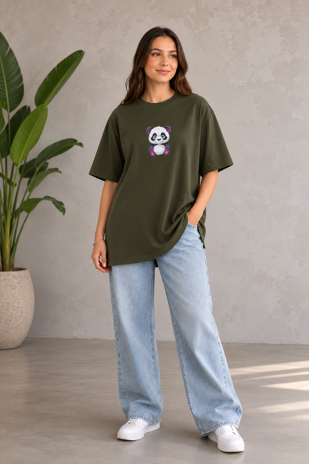 Oversize Baskılı T-Shirt Kadın Panda