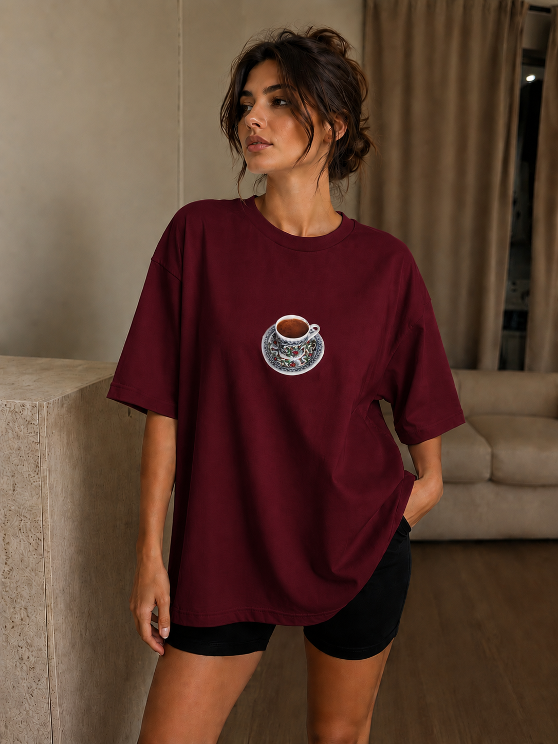 Oversize Baskılı T-Shirt Kadın Türk Kahvesi