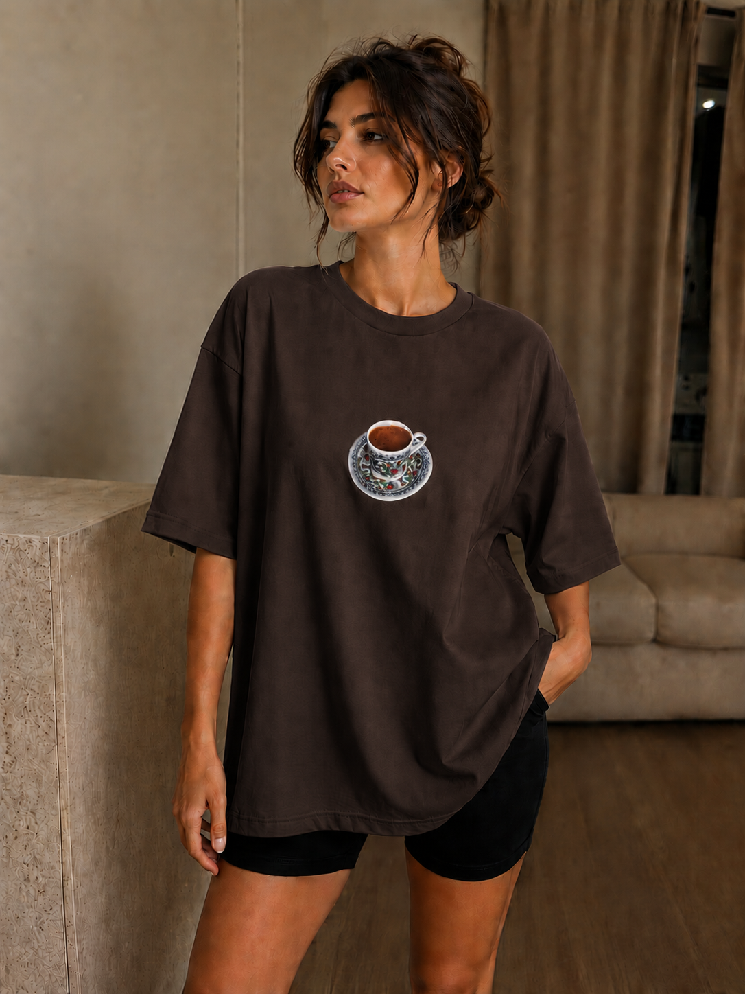 Oversize Baskılı T-Shirt Kadın Türk Kahvesi