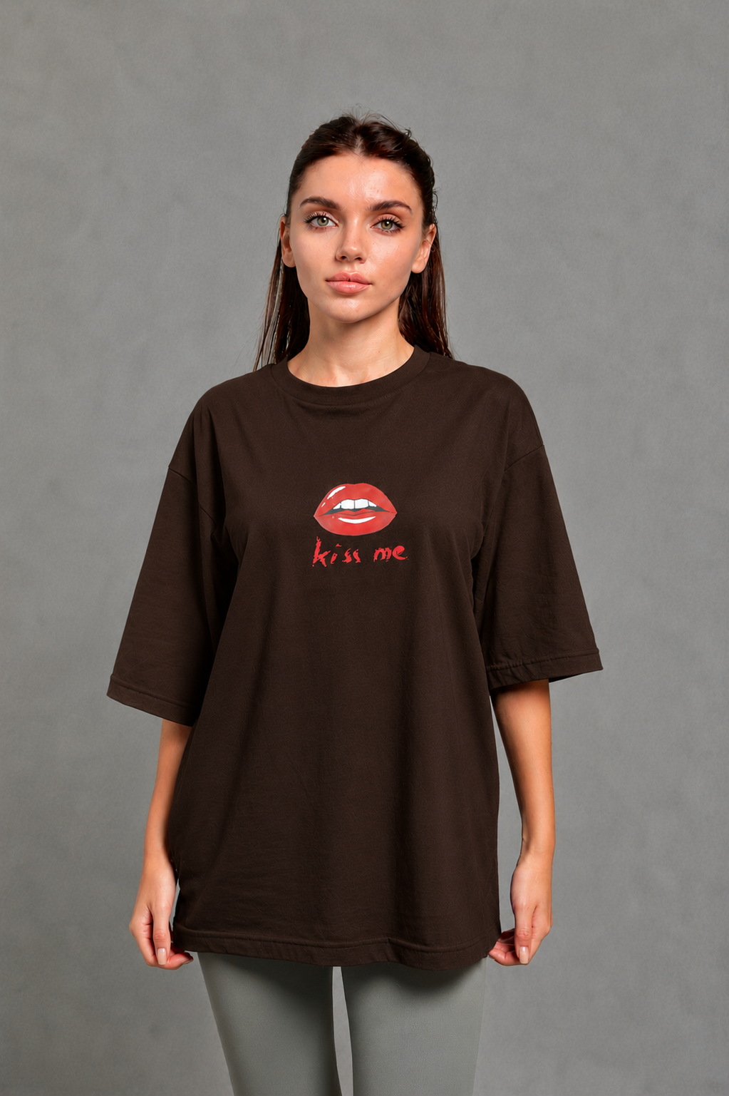 Oversize Baskılı T-Shirt Kadın Kiss me