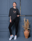 Oversize Baskılı T-Shirt Kadın Leopar Fiyonk