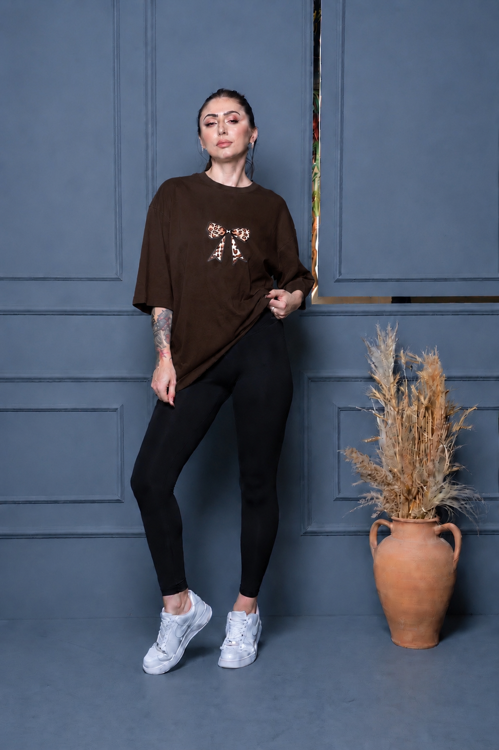 Oversize Baskılı T-Shirt Kadın Leopar Fiyonk