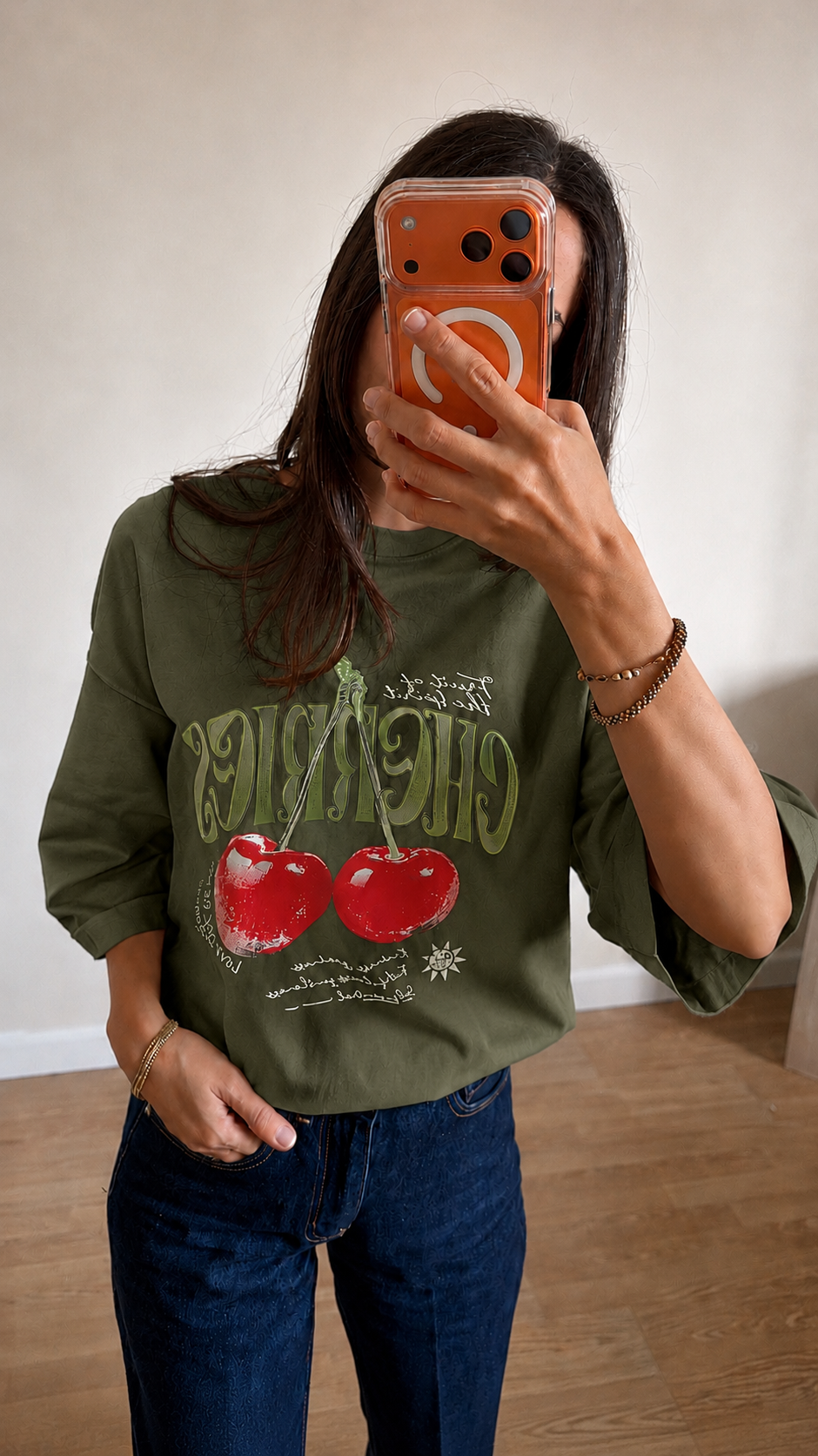 Oversize Baskılı T-Shirt Kadın CHERRY